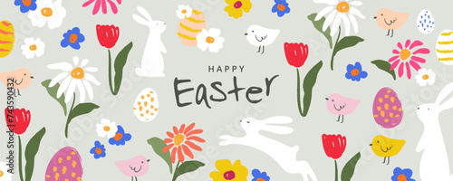 Happy Easter banner. Trendy Easter design with typography, hand painted pattern with spring flowers, egg, chick and Easter bunny. Modern art style. Horizontal poster, greeting card, header for website