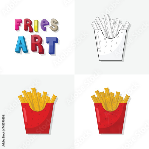 Fries bag art sketch, colouring page, flat and realistic fries fast food illustration for kids