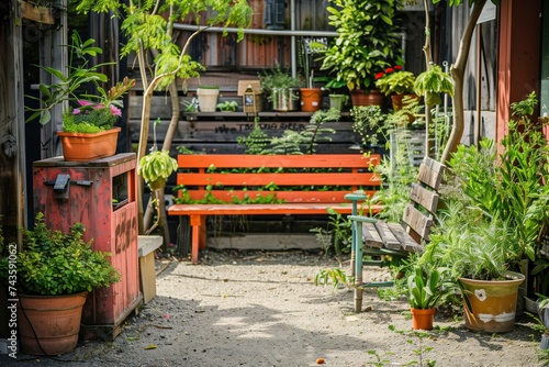 A cozy corner of a community garden, benches made from recycled wood, surrounded by plants in upcycled containers. Relaxing atmosphere, green oasis.