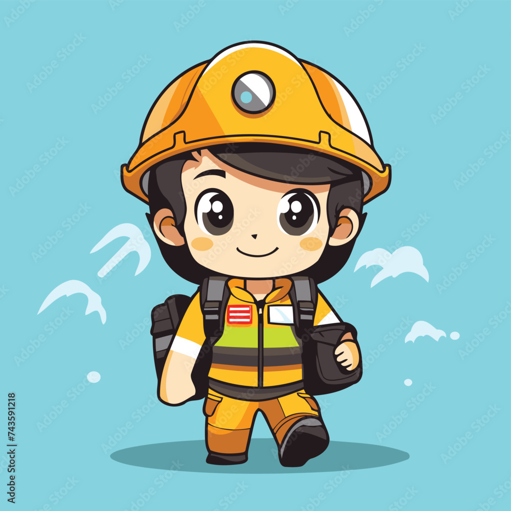 Cartoon firefighter boy with helmet and safety vest. Vector illustration.