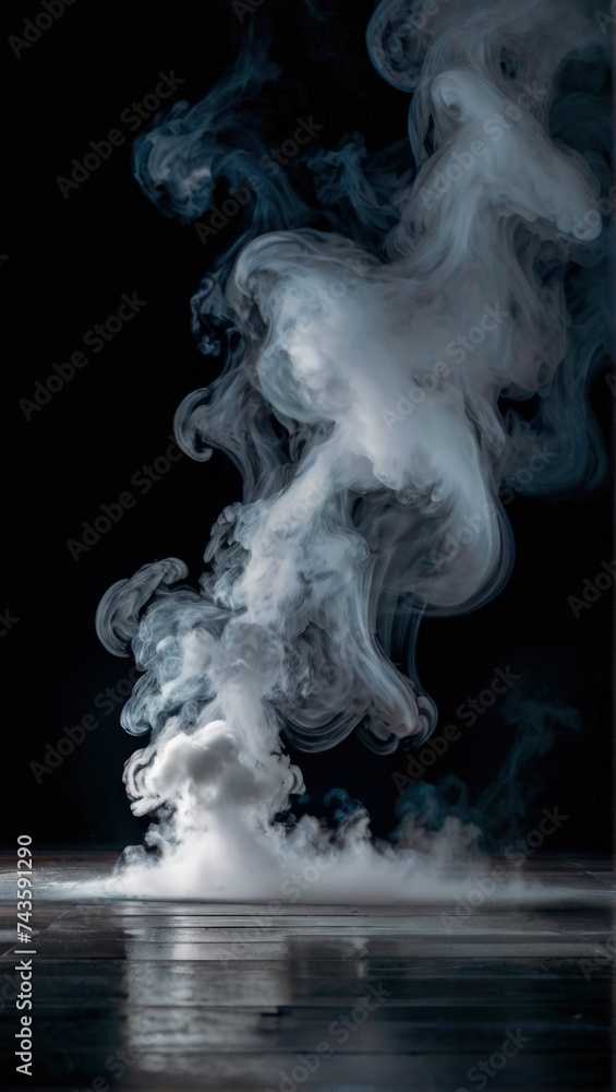 Mystical mist. Swirling smoke in dark and light symphony. Fluid fantasia. Abstract dance of fog and light on floor with black background Mystical mist. Swirling smoke in dark and light symphony. Fluid fantasia. Abstract dance of fog and light on floor with black background