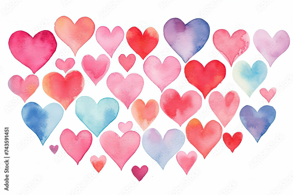 Watercolor Hearts on White Background