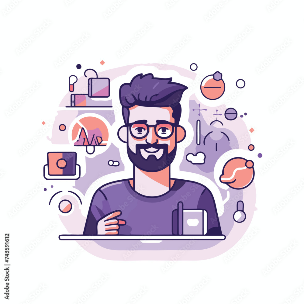 Vector illustration of a man with a beard and glasses working from home. Flat style design for web. site. banner. poster. print.