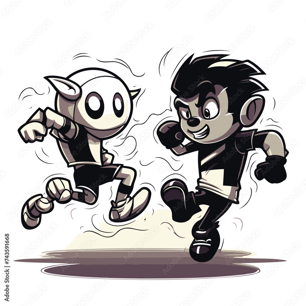 Illustration of a cartoon character of a boy and a girl running