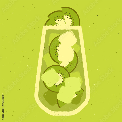 Green cocktail with kiwi and ice cubes. Fruit mocktail for health. Alcohol drink for bar. Cold soft liquid in tall glass. High glass. Non-alcoholic beverage. Flat vector illustration with texture
