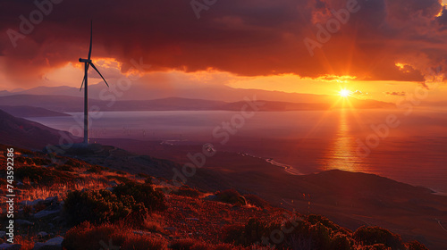 Wind turbine at sunset, Crete, Greece.