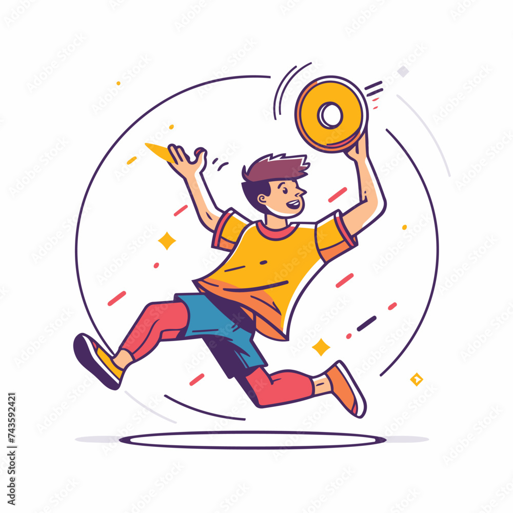 Boy in sportswear jumping with a donut. Flat style vector illustration.