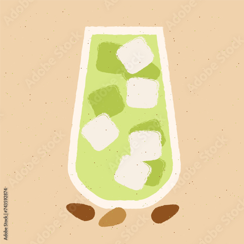 Green cocktail with almond milk, ice cubes. Smoothie in high glass. Milkshake. Alcohol drink for bar. Cold soft liquid in tall glass. Non-alcoholic beverage. Flat vector illustration with texture