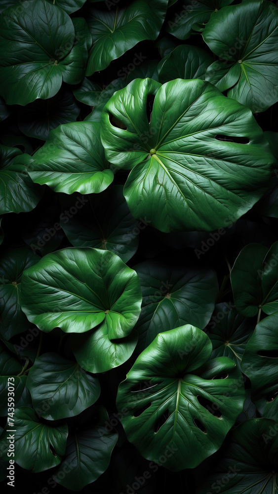 Fototapeta premium Dark botanical background from green big smooth leaves, green tropical. Generative AI