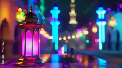 Ramadan Kareem greeting card. Islamic lantern and blurred mosque background.