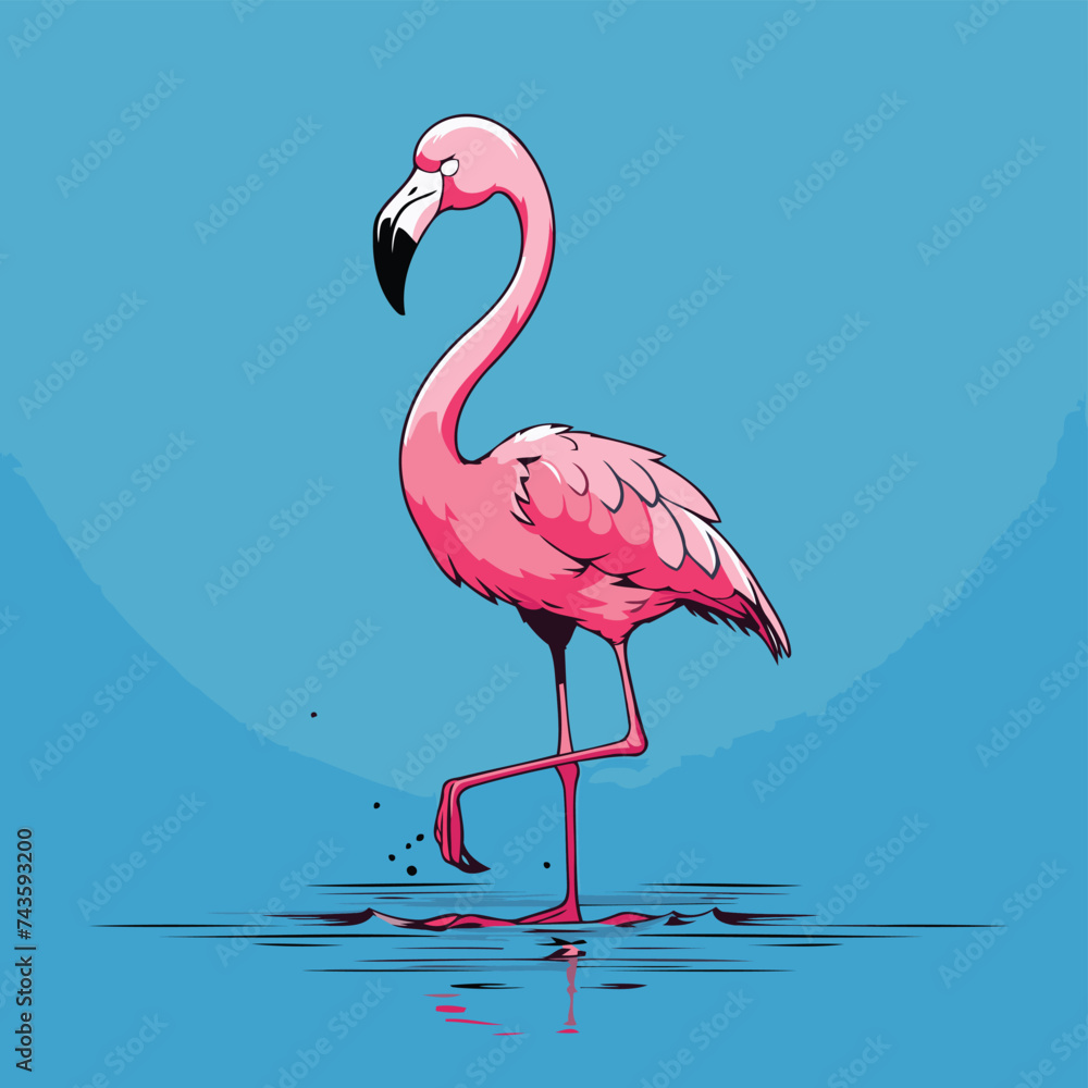 Pink flamingo. Vector illustration of a flamingo on a blue background.