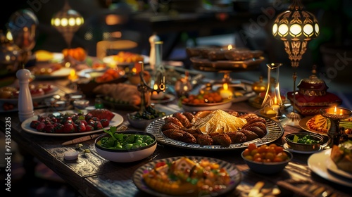 Traditional Turkish and Greek dinner appetizer table with assorted dishes. Selective focus.