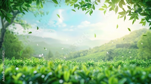 nature, tea plantation, green tea garden background with flying leaves