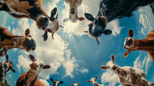 Bottom view of farm animals standing in a circle against the sky. An unusual look at animals. Animal looking at camera