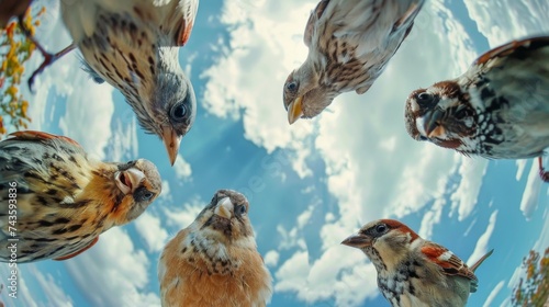 Bottom view of birds standing in a circle against the sky. An unusual look at animals. Animal looking at camera