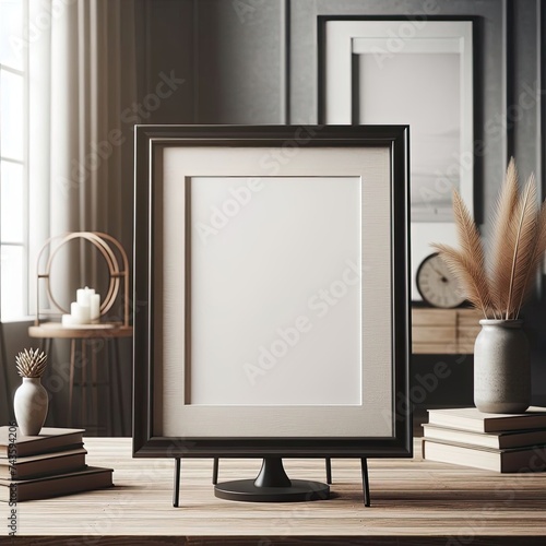 An empty picture frame stands on a table
