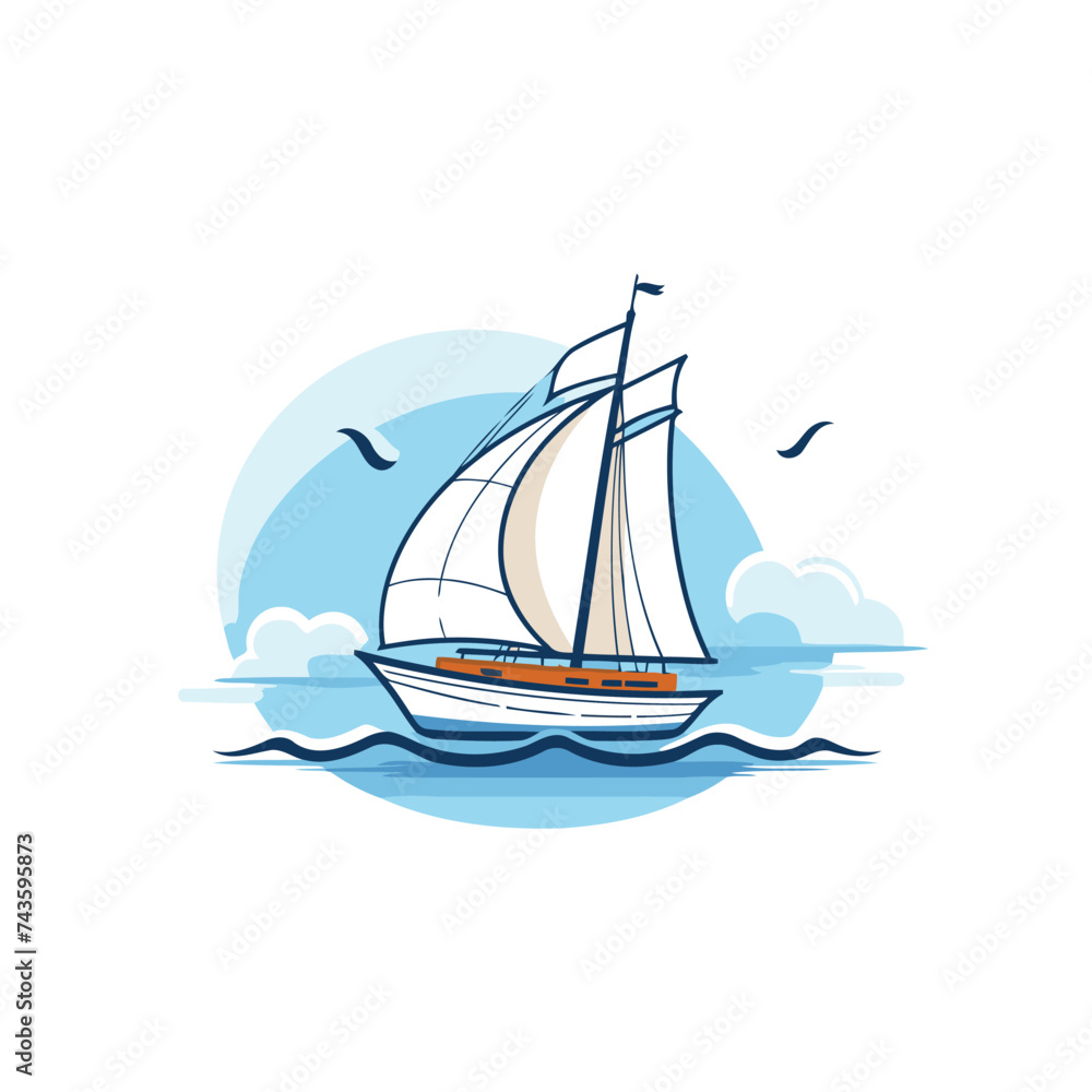 Sailing ship. Vector illustration of a sailboat in the sea.