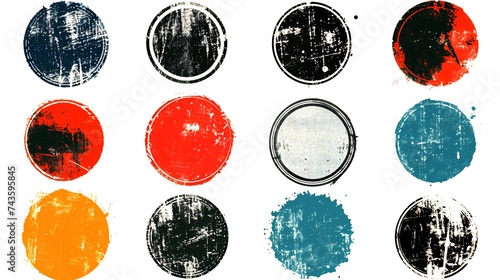 Collection of vintage stamps with distressed textures featuring circles, banners, emblems, symbols, tags, and patches.