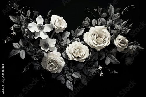 Bouquet of White Roses on Black Background