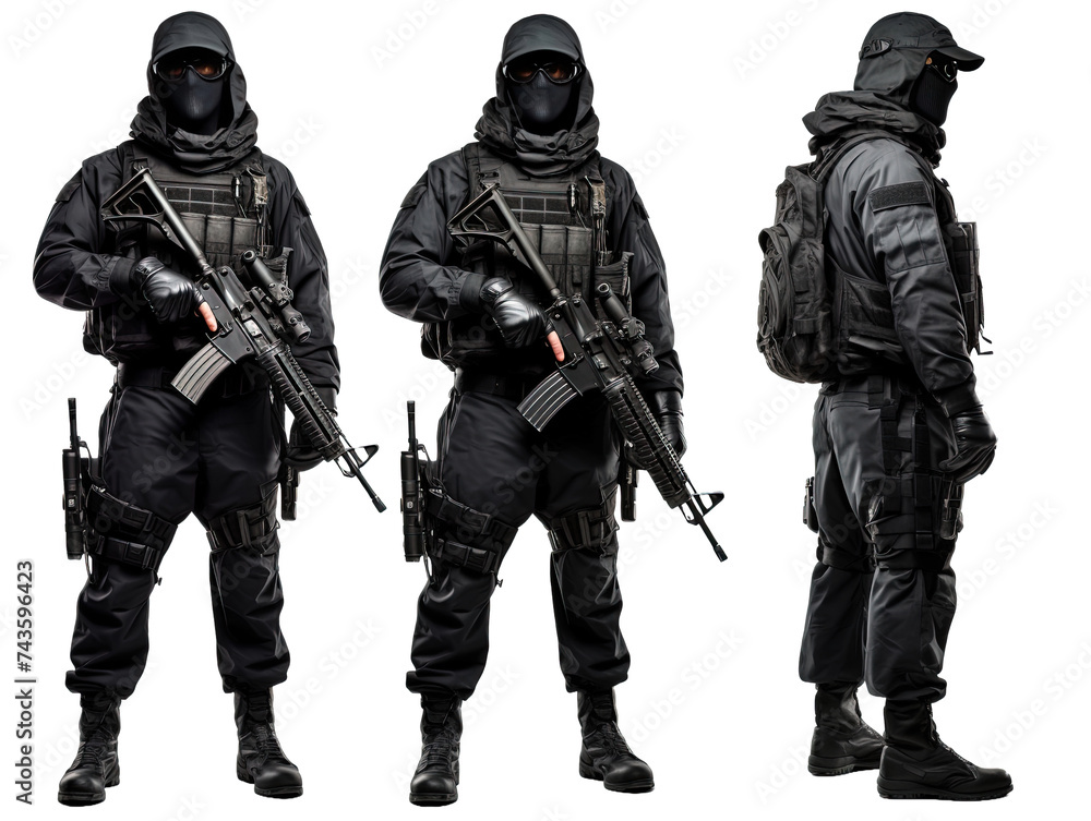Set of black ops soldier with balaclava covered face on white or transparent background Set of black ops soldier with balaclava covered face on white or transparent background