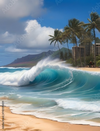 Big breaking Ocean wave on a sandy beach on the north shore of Oahu Hawaii Generative AI photo