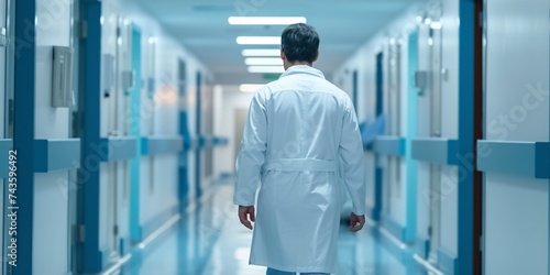 A man physician strolling through the hospital hallway. photo