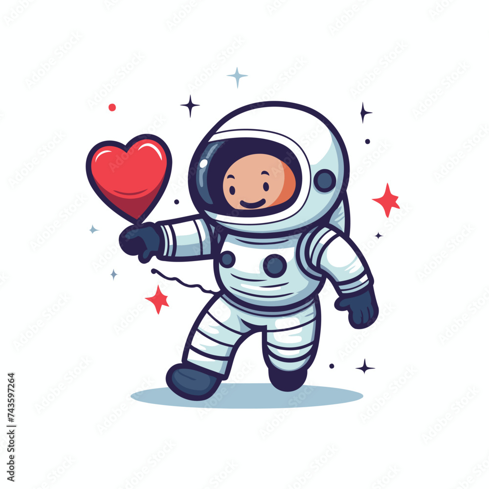 Cute astronaut with heart in hand. Vector illustration on white background.