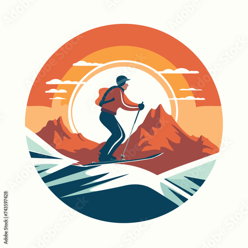 Skier in mountains. Extreme winter sport. Vector illustration in retro style