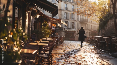 French bistro and pedestrian in Paris street during morning.