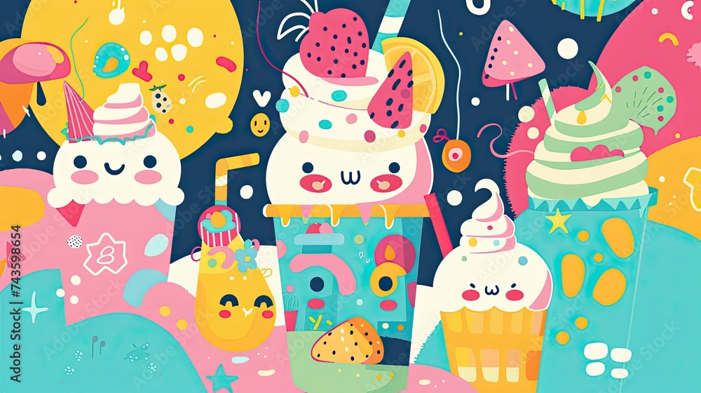 kawaii factory, charming character illustration, expressive mark-making technique, folk-art inspired drawing, minimalist, flat color, limited color palette