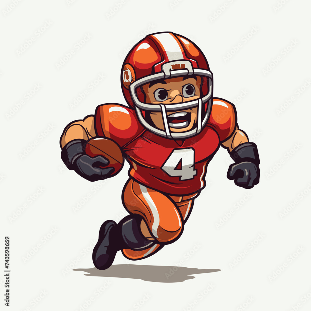Cartoon american football player running with ball. Vector illustration.