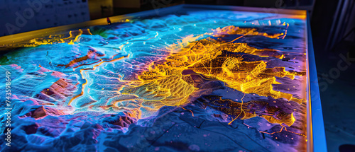 Close-up of 3D LiDAR GIS map, scan, modelling the surface of a landscape with mountains, hills and rivers, data from a UAV, drone