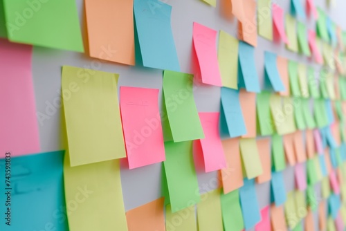 Rows of colorful sticky notes on a white wall