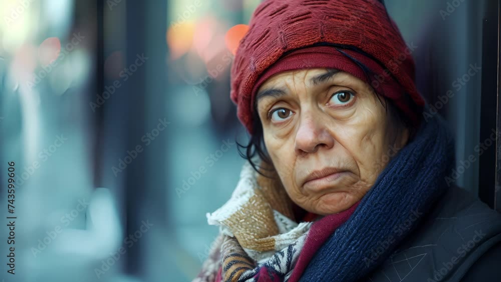 A woman her face lined with worry stands outside of a social services office hoping for some istance in finding shelter, female With Red Hat and Scarf Looking Out Window A woman her face lined with worry stands outside of a social services office hoping for some istance in finding shelter, female With Red Hat and Scarf Looking Out Window