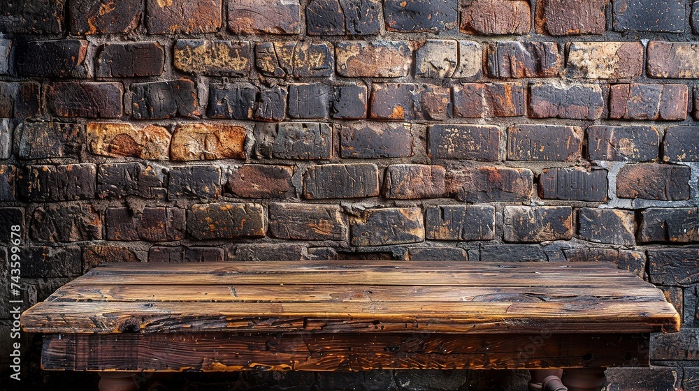 Old wooden table with brick background dark Old wooden table with brick background dark