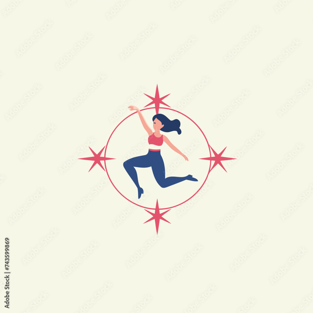 Woman jumping with star vector illustration. Fitness and healthy lifestyle concept.