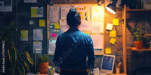 Individual analyzing a board filled with various business strategy documents and notes under a lamp