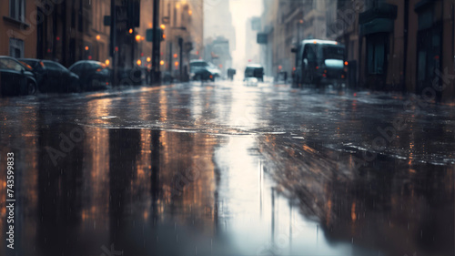 A rainy day in the city in summer. The texture of powerful drops and splashes of water. A puddle with ripples on the road © Iryna