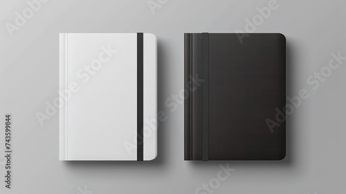 3d Realistic White, Gray, Black Closed Blank Paper Notebook Set Isolated on Transparent Background. Design Template of Copybook with Elastic Band for Mockup, Logo Print. Top View, generative ai,