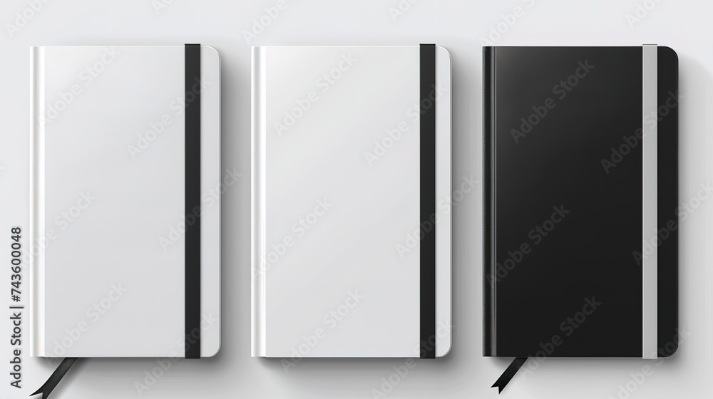 3d Realistic White, Gray, Black Closed Blank Paper Notebook Set Isolated on Transparent Background. Design Template of Copybook with Elastic Band for Mockup, Logo Print. Top View, generative ai, - obrazy, fototapety, plakaty 