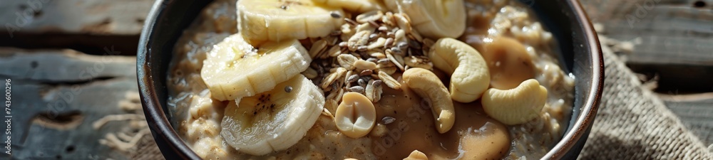 Bowl with creamy oats cooked with almond milk, garnished with banana slices Bowl with creamy oats cooked with almond milk, garnished with banana slices