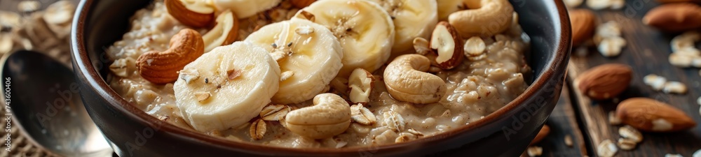 Bowl with creamy oats cooked with almond milk, garnished with banana slices