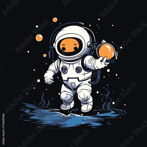 astronaut in space with an orange in his hand. vector illustration