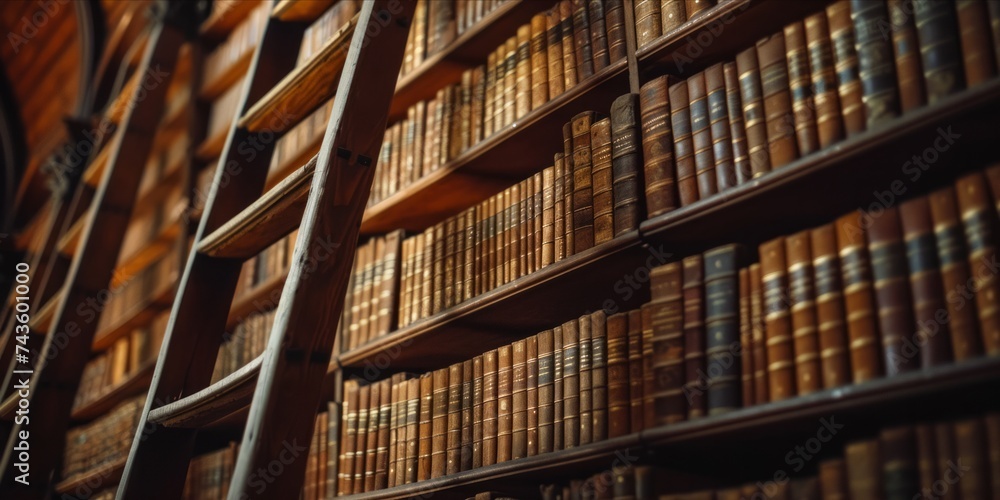 Antique library with wooden shelves full of old books and a ladder Antique library with wooden shelves full of old books and a ladder