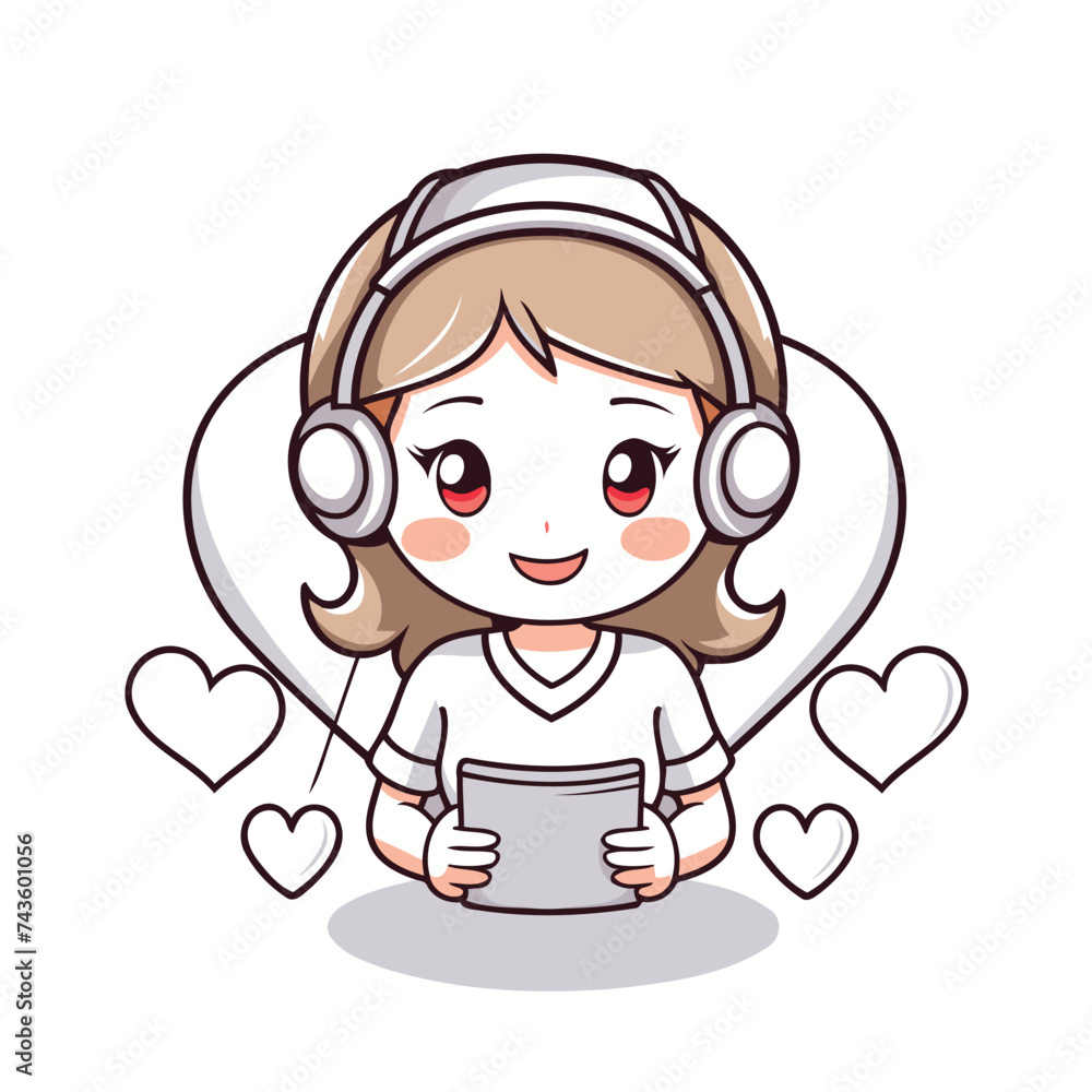 Girl using tablet pc and headphones with hearts around. Vector illustration.
