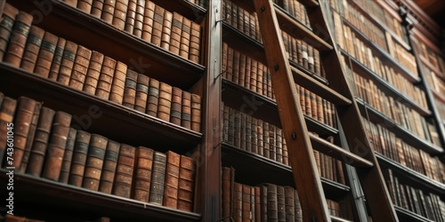 Antique library with wooden shelves full of old books and a ladder