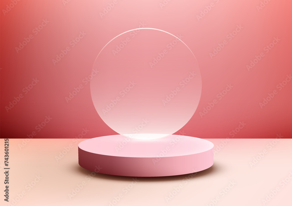 3D Pink podium with clear glass circle on top, set against a red background 3D Pink podium with clear glass circle on top, set against a red background