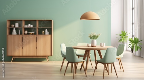 A tasteful depiction of a dining room featuring mint-colored chairs surrounding a round wooden dining table.  © Wajid