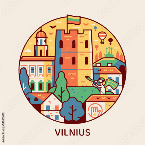 Travel Vilnius Icon with Castle Tower and Old Town