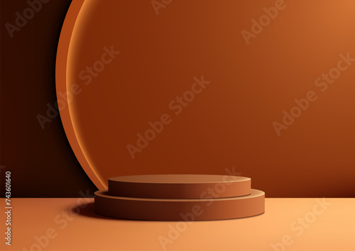 3D brown podium mockup features a soft brown background and a circle backdrop